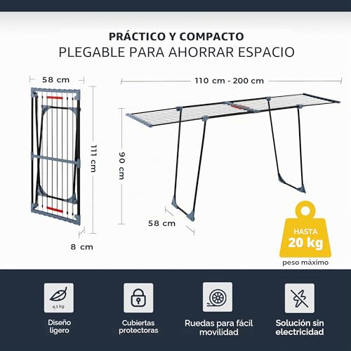 Miniatura 7 de Garrandt Tendedero Extensible De 20 M Tendedero Negro Xxl Con Pinzas Ahorro De Espacio Secador De Pie Para Balcón, Camping Y Hogar