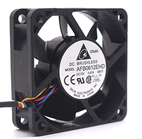 bersudut view of the Delta AFB0612EHD fan, highlighting the sturdy frame and screw holes for mounting.