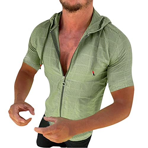 Mens Hooded T Shirts Cotton Drawstring Zipper Short Sleeve Pullover Casual Lightweight Summer Vacation Slim-Fit Tops Green