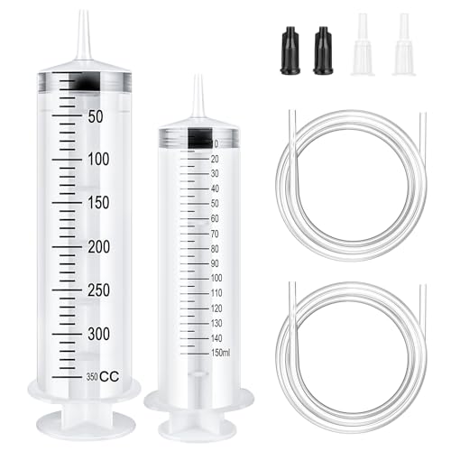 OFFCUP Jeringa de Plástico, 150ml 350ml Jeringa Grande, Jeringas Medidoras con 2 Manguera, Jeringa de Líquido Reutilizable para Laboratorios Científicos Riego Relleno Filtración (sin Aguja)