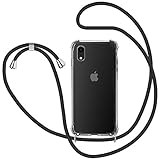 Funda con Cuerda para Apple iPhone XR, Carcasa Transparente TPU Suave Silicona Case con Correa Colgante Ajustable Collar Correa de Cuello Cadena Cordón para iPhone XR - Negro