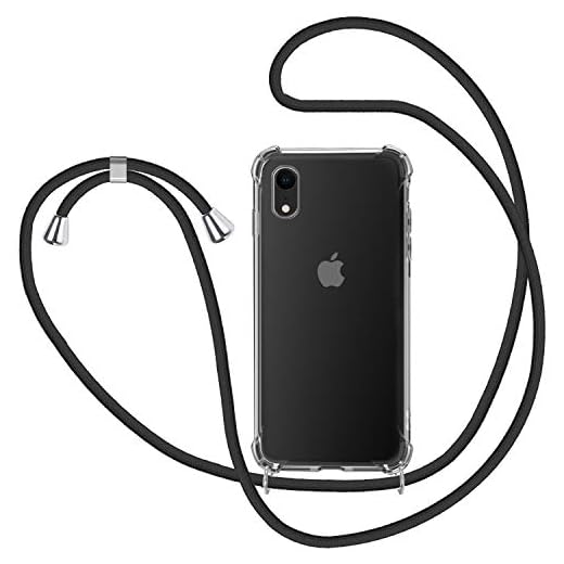 Funda con Cuerda para Apple iPhone XR, Carcasa Transparente TPU Suave Silicona Case con Correa Colgante Ajustable Collar Correa de Cuello Cadena Cordón para iPhone XR - Negro