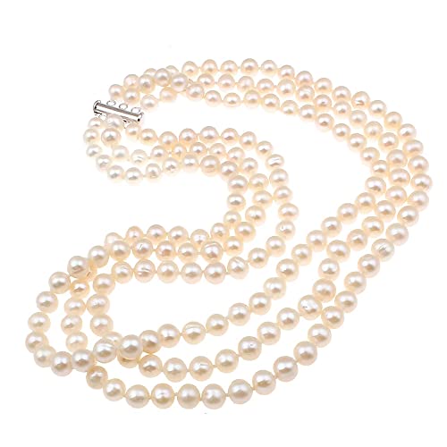 TreasureBay Stunning Handcrafted Three Strands 7mm Natural Freshwater Pearl Necklace (White)