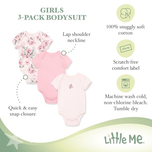 Little Me Clothes for Baby Girls’ 3-Pack 100% Cotton Bodysuits with Full Snap Closures for Easy Dressing, Baby Essentials