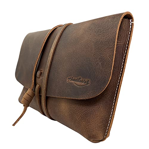 Heather's, Minimalists Clutch Bag Handmade From Full Grain Leather - Wallet For Cards, Money, Coins, Great For Makeup, Cosmetics & Toiletry Items - Bourbon Brown #TOP2