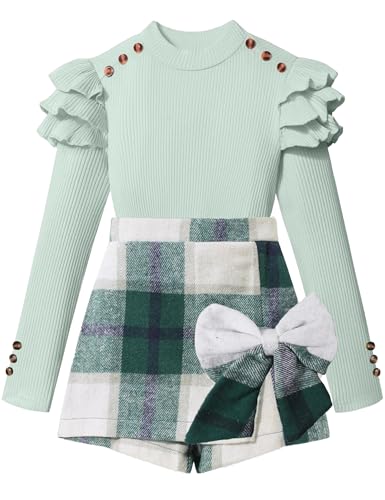Image of Girls Clothes 2 Piece Ruffle Long Sleeve Shirt Top and Bow Plaid Skirt Set Girls Fall Winter Outfits 6-16 Years