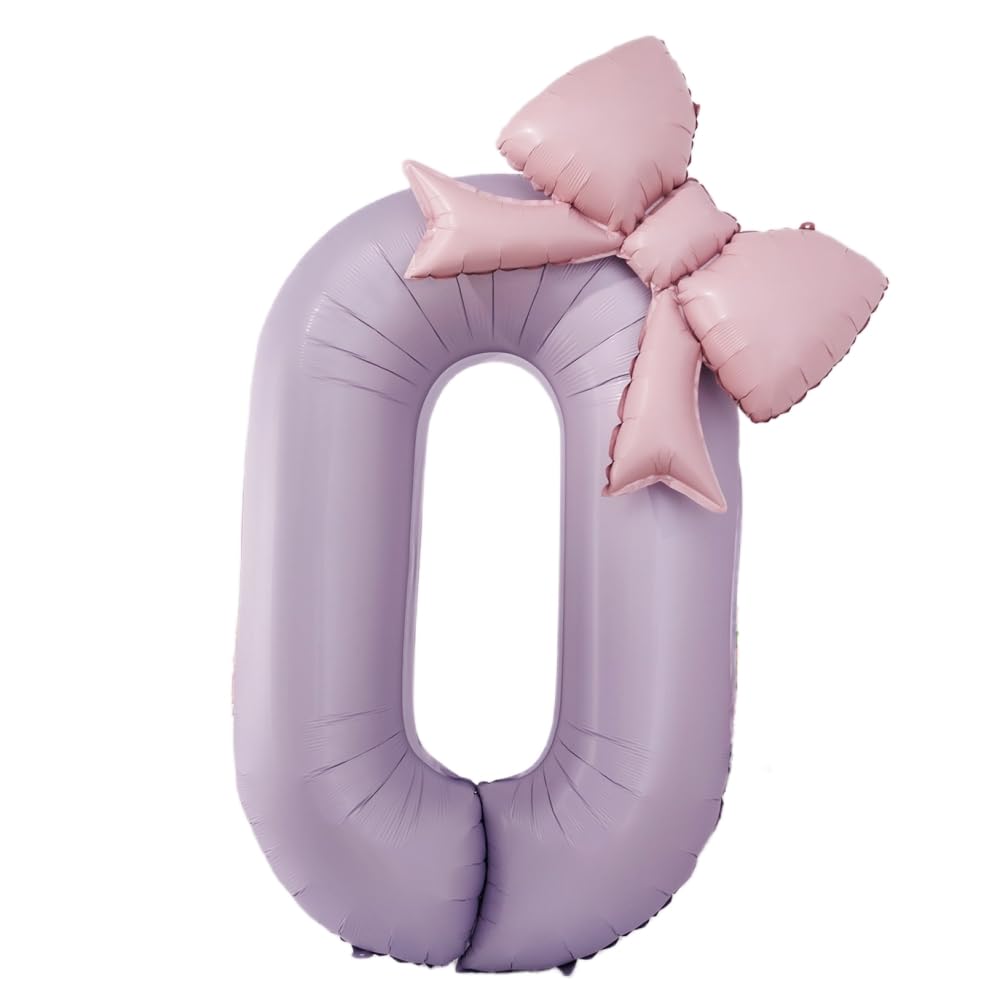 ISABELLA MOON 40'' Pink Number with Bow Balloon, Self Inflating Foil Light Pink Balloons Set 0-9, Pastel Pink Helium for Girls Birthday Party Decorations Anniversary Supplies (Purple, Number 0)