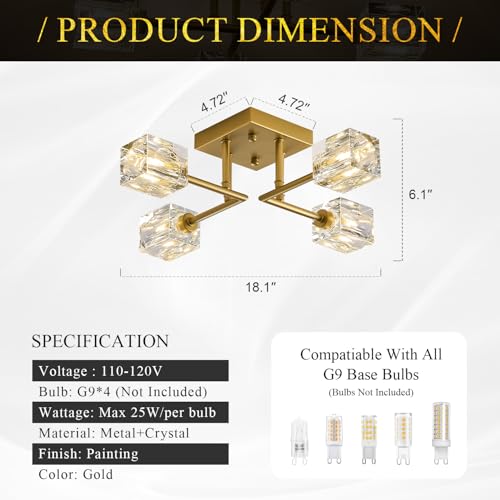 Image of Modern Gold Sputnik Chandeliers 4-Light Crystal Semi Flush Mount Ceiling Light Fixture Industrial 18 inch Chandelier for Hallway Entryway Kitchen Bedroom Dining Room