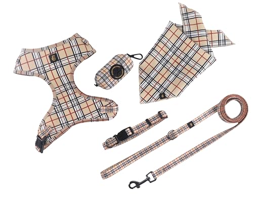 Adjustable Dog Harness, Leash, Poop Bag Holder/Dispenser and Bandana Set, No Pull, Soft Mesh Padded, for Small/Medium Dogs Outdoor Walking/Running (Small, Furberryplaid)