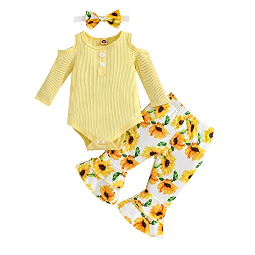 Image of Newborn Infant Baby Girls Clothes Set Long Sleeve Ribbed Solid Bodysuit Floral Pants Headband Outfits Fall Winter (Yellow Off Shoulder Set, 0-6 Months)