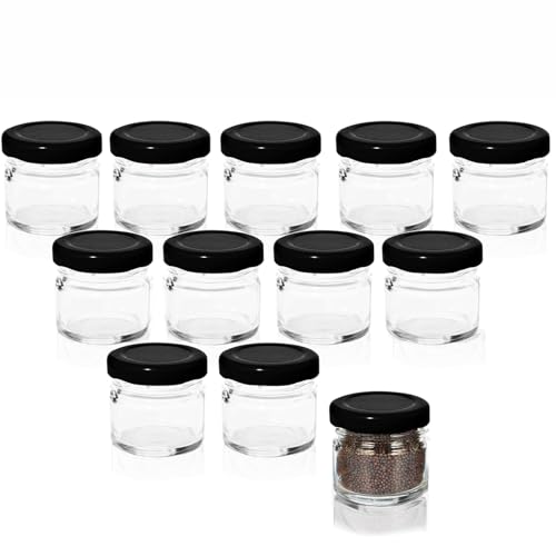 Image of Glassbunny Round Mini Clear Honey Jars for Wedding Favor, Baby Shower, 33 Gram Small Glass Favor with Airtight Black Lids, Gift Jars, Sample Body Butter, Jam, 1 oz, Pack of 12