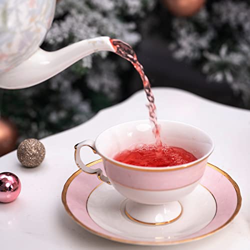 Taimei Teatime Porcelain Tea Cups and Saucers Set with Spoon, Set of 2 8 oz European Coffee Cup with Textured Floral Pattern and Gold Trim in Gift Box, Cappuccino Cups for Latte, Mocha and Tea (Pink)
