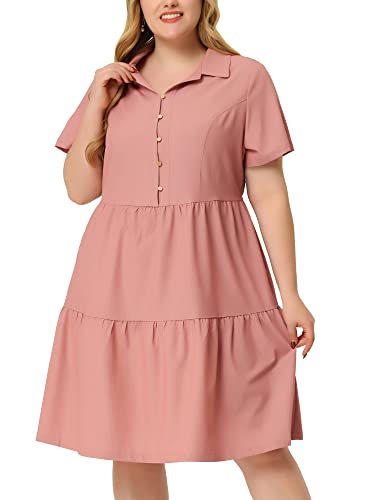 Image of Agnes Orinda Plus Size Chambray Dress for Women Short Sleeve Button Down Flowy Tiered Shirt Dresses