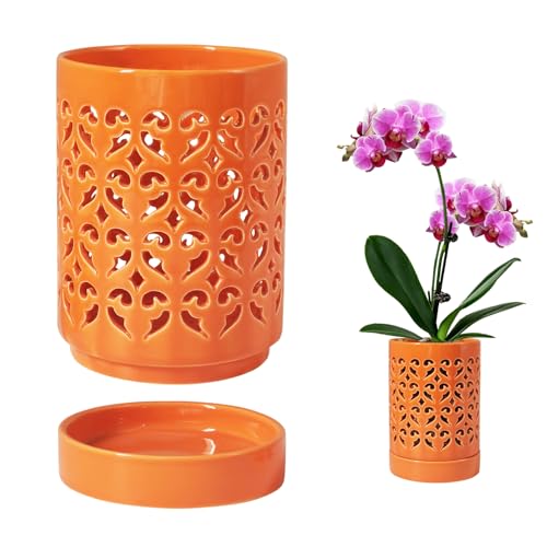 pavtner Orchid Pots 4 Inch Ceramic Orchid Pot with Holes, Plant Pot for Repotting, Flower Planter Pot Indoor Outdoor, Breathable Slotted Orchids Planter Orange