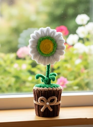 Image of Handmade Artificial Flower Pot for Home Decor | Cute Fuzzy Wire Pipe Cleaner Flower Plant | Aesthetic Tabletop Decorative Pot for Home, Office & Gifting (Soft Bloom :- Neon-White)