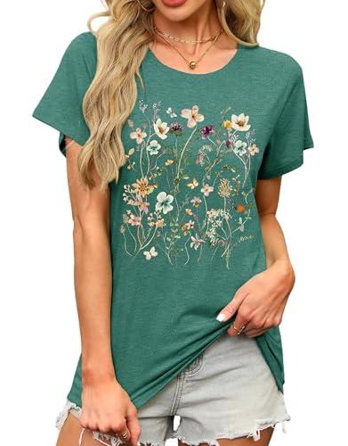 MAPICK Womens Loose Fit Floral Graphic T Shirts Crewneck Short Sleeve Tops Summer Casual Blouse Basic Tee(Green,X-Large)