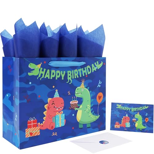 Qirrmiy 13 Large Dinosaur Happy Birthday Gift Bag Set with Handles Greeting Card Blue Tissue Papers and Stickers for Boys 1st Birthday Two Year Old Girls Kids Party Baby Newborn