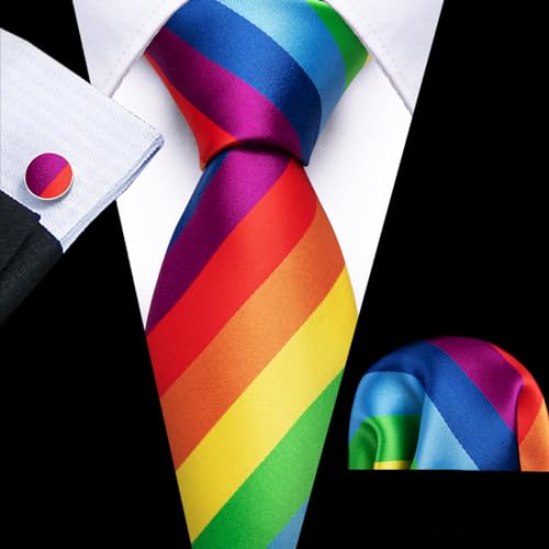 Image of Barry.Wang Man Stripe Ties Set Silk Woven Pocket Square Necktie Cufflinks Formal Party Business