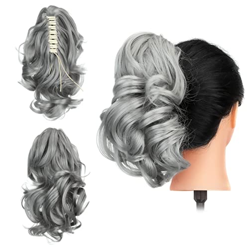 Gairyan 12" Clip in Ponytail Hair Extensions Curly Ponytail Extension Claw on Pony tails Wavy Synthetic Hairpieces for Women Real Look Short Wave (Dark Gray)