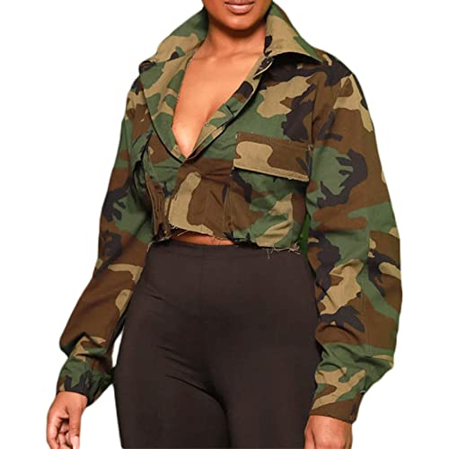 Voghtic Camo Coat for Women Lapel Neck Button Down Camouflage Cropped Jackets Tops with Multi Cargo Pockets4