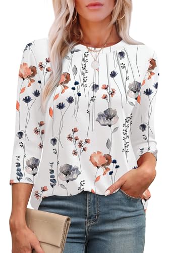 Outfits for Women Over 50: Fashion Tips That Make You Feel Like Yourself Again 8 XIEERDUO 3/4 Length Sleeve Womens Tops 2025 Crewneck Pleated Tunic Tops for Women Loose Fit Dressy White Floral M