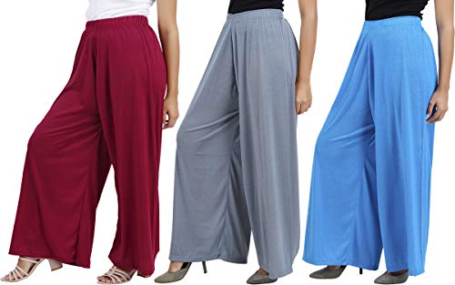 Image of Buy That Trendz Palazzo Pants for Women Rayon Elasticated Regular Fit Flared Wide Leg M to 6XL Pack of 3
