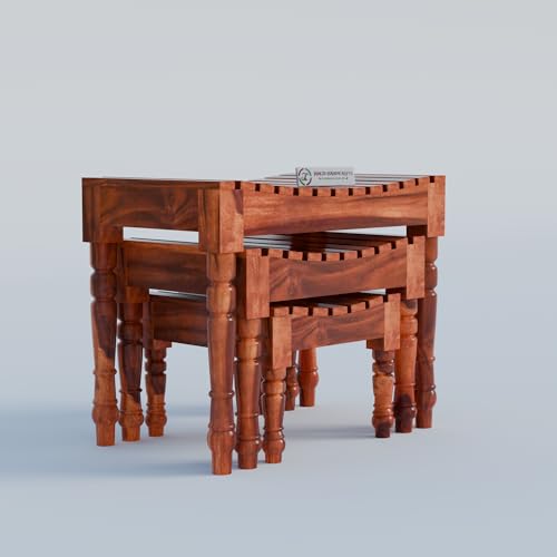 Image of Jangid Handicraft Solid Sheesham Wood Nesting Table for Living Room | Wooden Nesting Tables Set of 3 with Design Legs for Decor | Side Table Set & Stool Furniture for Office & Garden | Honey Finish