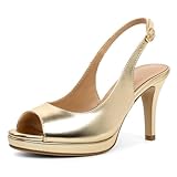 Joseywade Light Gold Sling Back Heels Women Peep Toe Platform Chunky Stiletto High Heels Pumps Matte Dress Shoes 3.5 Inch for Club Night Out Cocktail Formal Work Size 9