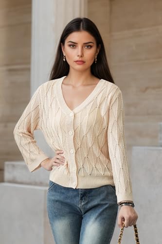 Image of Women's 2025 Crochet Sweater Cardigan 3 /4 Sleeve Lightweight Summer Knit Sweater | Open Front Boho Shrug Top | Beach Cover-Up & Office Wear | Machine Washable 21-Almond-L