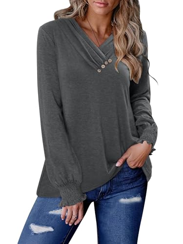 KISSMODA Chiffon Blouses Solid Color Shirts For Women Ruffle Sleeve Tops Pleated Tops Early Fall Fashion Button Down Shirt Plus Size Early Fall Fashion Grey XL