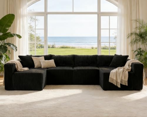 Image of Claiks 128 inch U-Shaped Modular Sectional Sofa No Assembly Required, Oversized Cloud Couch with Double Chaise, Corduroy Fabric for Living Room & Apartment, Black