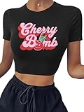 OUNAR Y2k Baby Tees Crop Top for Women,Cute Cherry Bomb Graphic Print Short Sleeve Slim Fit Girls T-Shirt