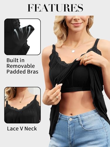 V FOR CITY Flowy Camisole Tops for Women with Built in Bra V Neck Lace Spaghetti Strap Tank Top Loose Fitting Tunic2