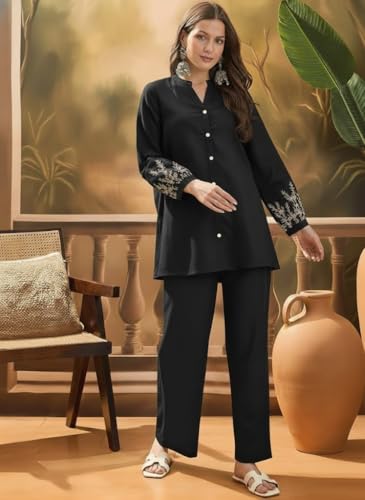 Image of SMOWKLY Women's Embroidered Kurta Set with Pants | Elegant Button-Down Tunic Top with Floral Sleeve Detail | Casual Co-ord Outfit