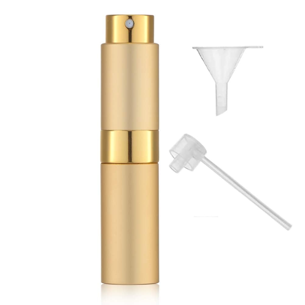 Fennec Mart Portable 10ml Mini Perfume Atomizer Bottles Refillable Travel Spray Bottles for Men & Women – Includes 2 Types of Refill Tools Empty Pocket-Sized Containers (Gold)