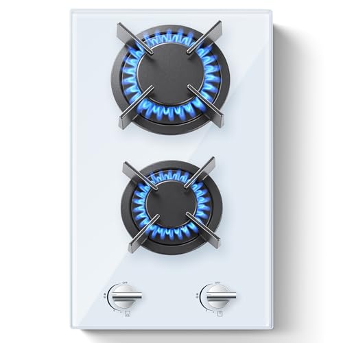 SNDOAS Placa de Gas 2 Fuegos Blanca, 30 cm Cocina de Gas, Convertible NG/LPG, Parrillas de Hierro Fundido, Seguridad por Termopar, Instalación Empotrada, 4200W
