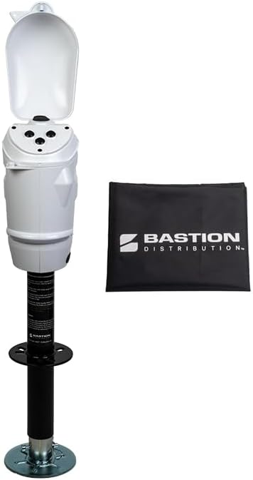 Bastion Distribution White Sentinel Pro Electric Trailer Jack – 5000 lb A-Frame Tongue Jack – Ball Screw, Quiet Fast Lift, Waterproof Switches, LED, Crank, 90 Degree Mount – Storm Shell + Cover + Lock