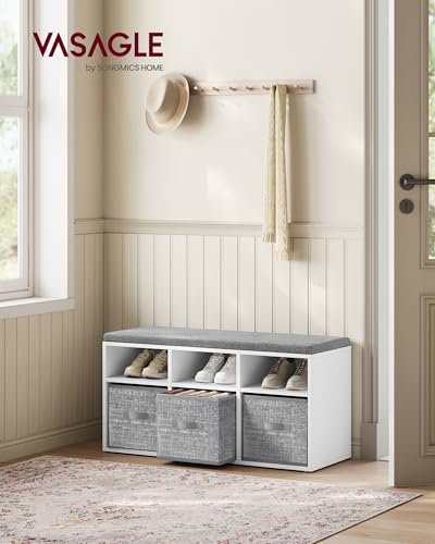 VASAGLE Shoe Bench with Cushion, Shoe Storage Bench with 6 Compartments and 3 Adjustable Shelves, Hallway Bench with 3 Storage Boxes, for Bedroom, Closet, Living Room, Cloud White LSB101W01 - Cosy Home Interiors VASAGLE Shoe Bench with Cushion, Shoe Storage Bench with 6 Compartments and 3 Adjustable Shelves, Hallway Bench with 3 Storage Boxes, for Bedroom, Closet, Living Room, Cloud White LSB101W01 - Image 2