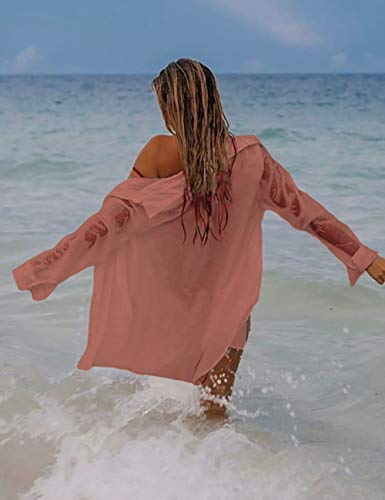 Image of Bsubseach Women Long Sleeve Beach Shirt Blouses Bathing Suit Cover Up Button Down Collar