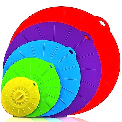 Silikondeckel, 5er Silikon Deckel Set Mikrowellen Abdeckung für Schüsseln, Töpfe, Tassen, Lebensmittelecht, Natürlicher Griff, Ineinander Greifende Griffe für Einfache Verwendung und Lagerung