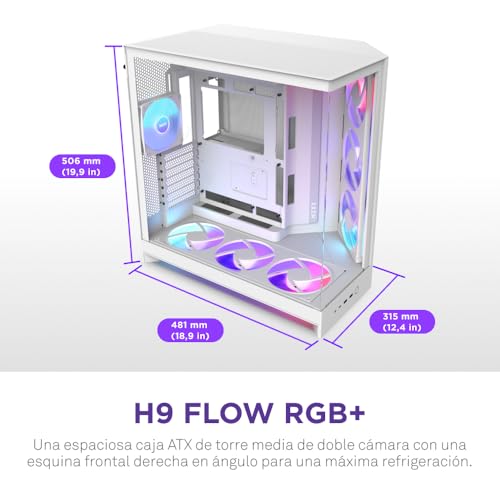 Miniatura 2 de NZXT H9 Flow RGB+ (2025) – Caja de PC ATX de Torre Media de Gran Flujo de Aire de Doble Cámara – Incluye 7 Ventiladores RGB (6 x 140mm, 1 x 120mm) y concentrador de Control – Blanco