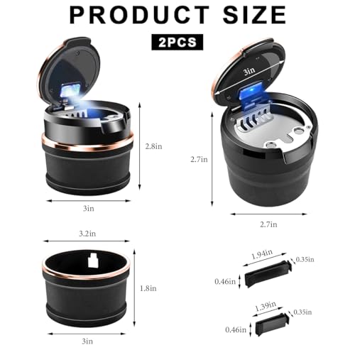 Image of 2PCS Car Ashtray with Lid, Detachable Auto Smokeless Ash Tray with LED Blue Light, Portable Ashtray for Vehicle Cup Holder and Air Vent Home Office, Interior Car Accessories (Black&Rose Golden)