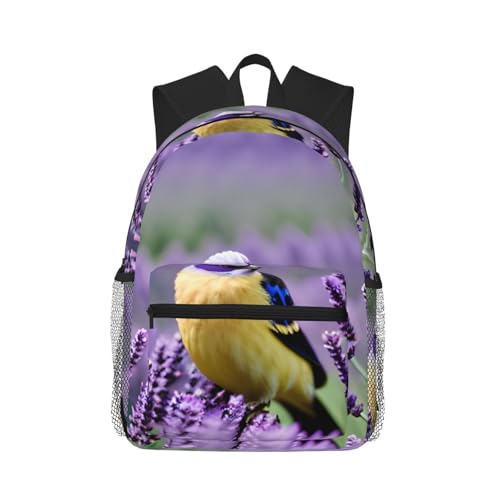 Sac à dos universitaire léger noir motif oiseau violet lavande floral avec poches fonctionnelles