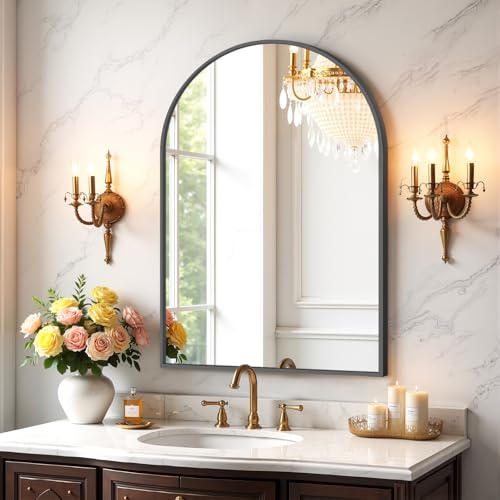 Atilioo Bathroom Mirror for Wall, 30x20 Inch Arched Mirror, Matte Black Metal Framed Bathroom Vanity Mirror for Restroom Farmhouse, Anti-Rust, Tempered Glass, Hanging or Leaning