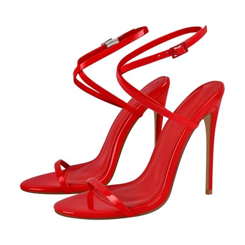 Image of Strappy High Stiletto Heels, Ankle Strap Buckle Heeled Womens Sandals, Sexy Comfort Open Round Toe Heels for Daily Party Dress