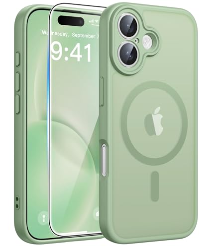 Image of FNTCASE for iPhone 16 Case: [Compatible with Magsafe] Translucent Matte Cases with [Full Camera Protection] [Screen Protector] Military Grade Shockproof Protective Phone Cover - Light Moss