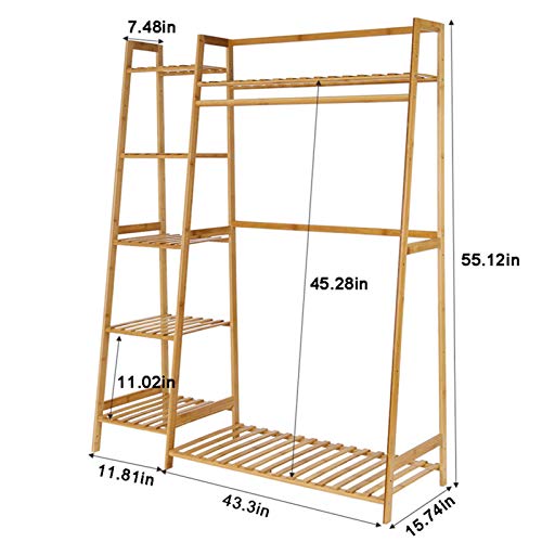 Duseedik Bamboo Wood Garment Rack, 6 Tier Clothing Hanging Storage Shelves Rack with Side Hooks for Cloth Shoe Coat Storage Organizer Shelf (Bamboo Garment Rack)
