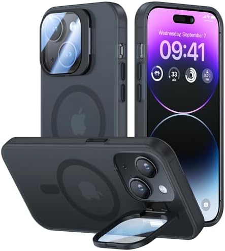 VOFATA for iPhone 13 Case/iPhone 14 Case with Camera Cover Stand [Built-in 9H Camera Lens Protector][Fit for Magsafe] Military Grade Shockproof Translucent Matte Magnetic Phone Case 6.1", Black