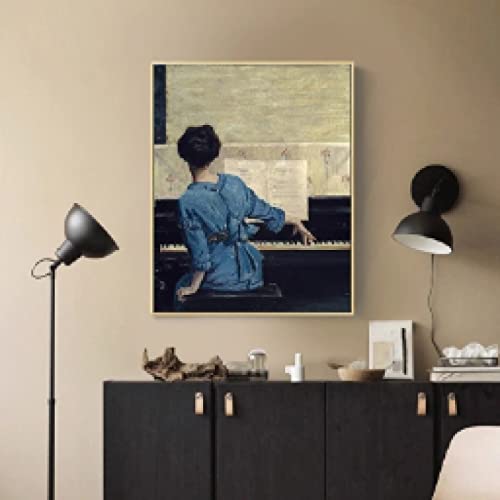 Toile peinture figure vintage fille au piano 50x60cm pour habiller un mur vide