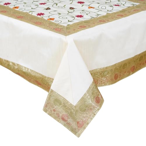 Image of New Year Room Decor Embroidery Brocade Silk Table Cover for Centre & Dinning Table and 4 & 6 Seater Dining Table /Tablecloth, (50 By 50 Inches) (Cream)